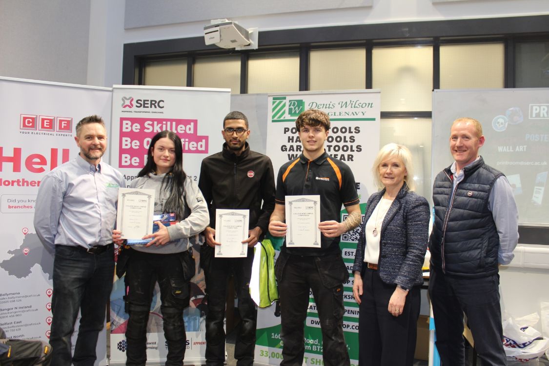 Winners in the SERC intercampus Fire and Security Skillbuild competition, with SERC staff,  and industry representative Denis Wilson